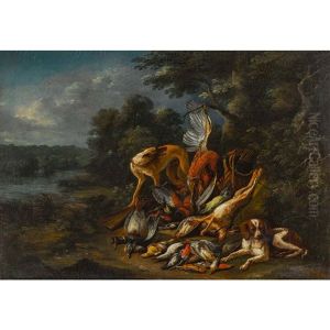 Zwei Jagdhunde Mit Federvieh Und Hase In Der Landschaft