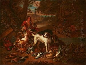 Landscape With Hunters, Dogs, And Game by Adriaen de Gryef