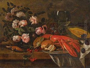 A Still Life With A Lobster And Roses In A Vase