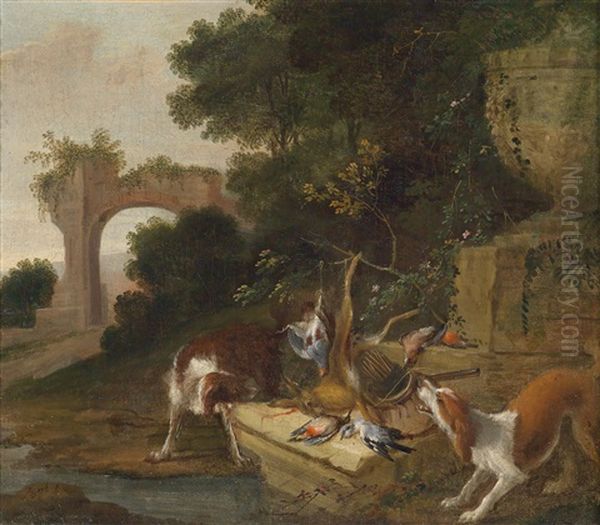 Jagdhunde Mit Erlegtem Wild An Einem Monument - view 1