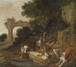 Jagdhunde Mit Erlegtem Wild An Einem Monument