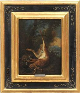 Jagdstillleben Mit Erlegten Hasen, Im Hintergrund Rastender Jager Mit Seinem Hund by Adriaen de Gryef