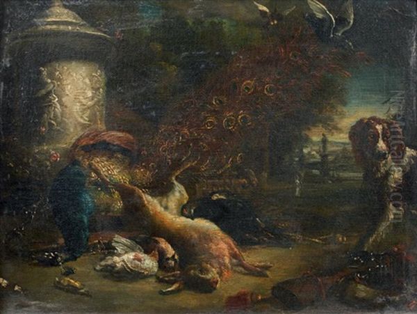 Nature Morte De Gibier Et Un Chien Dans Un Paysage - view 1