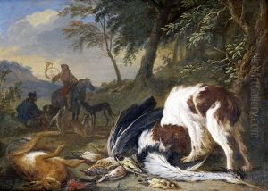 A Spaniel With A Dead Heron And Other Birds In A Wooded Landscape, Huntsmen And Their Dogs Beyond