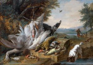Chasseur Et Chiens Devant Un Trophee De Chasse Dans Un Paysage