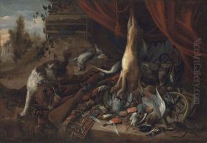 A Hare, Blue And Yellow Tits, A Jay, A Mallard Duck, Snipes And A Heron On A Stone Ledge, With A Spaniel And A Rifle On A Carpet...