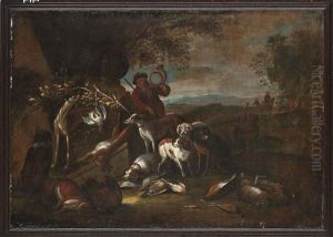 A Hunting Party At Rest With A Huntsman Playing The Horn by Adriaen de Gryef