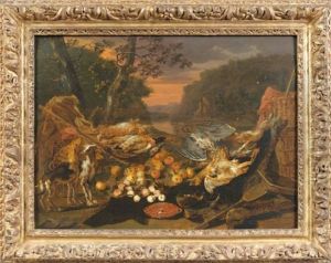 Trophee De Chasse, Fruits Et Chien Dans Un Paysage Au Bord D'un Fleuve