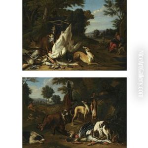 Game Still Life Of A Dead Roebuck, A Swan And Songbirds, Guarded By A Hound, A Hunter With His Hounds In The Background (+ Game Still Life Of A Wild Boar, A Hare And Songbirds, Guarded By Three Hounds, A Hunter Resting In The Background; Pair) by Adriaen de Gryef