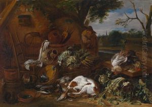 Ein Schlafender Hund Vor Einem Stillleben Mit Federvieh Und Gemuse Vor Landlicher Kulisse by Adriaen de Gryef