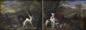 Chien Devant Un Trophee De Chasse Avec Chasseurs Au Repos (+ Trois Chiens Dans Un Paysage Pres D'un Trophee De Chasse; 2 Works) by Adriaen de Gryef