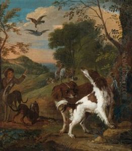 Jagdhunde Nehmen Die Witterung Auf, Im Hintergrund Ein Berittener Jager Jagdhunde Nehmen Die Witterung Auf, Im Hintergrund Ein Berittener Jager