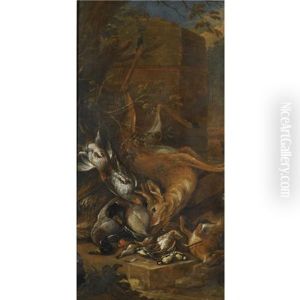 Still Life Of A Dead Roebuck And Other Game (+ Still Life Of A Dead Hare And Other Game With Hunting Dogs; Pair) by Adriaen de Gryef