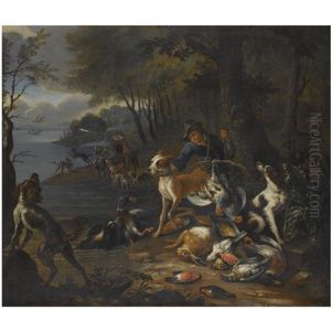 A Wooded Landscape With Huntsmen And Their Hounds On The Banks Of A Lake, An Abundance Of Dead Game In The Foreground by Adriaen de Gryef