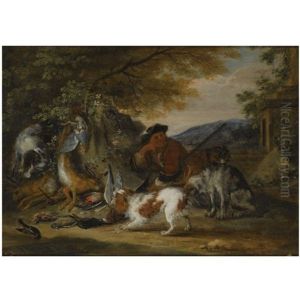 A Wooded Landscape With A Huntsman Resting With His Hounds, Near A Hunting Still Life Of Dead Hares And Songbirds by Adriaen de Gryef