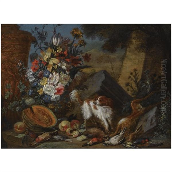 A Still Life With A Bouquet Of Flowers In A Vase, A Pumpkin, Prunes And Peaches, And A Dead Hare And Dead Birds In The Foreground, Together With A Dog - view 1