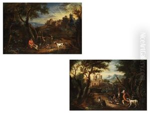 Fantasielandschaften Mit Gebauden (+ Jager Mit Hunden; Pair) by Adriaen de Gryef