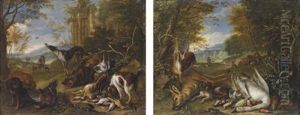 A Hound Guarding Dead Game Birds, A Stag And A Hare (+ Hounds With A Dead Swan, Hare And A Boar; Pair) by Adriaen de Gryef