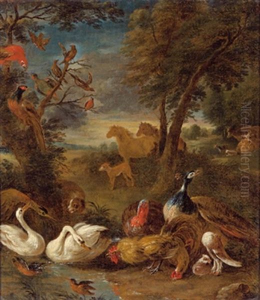 Bewaldete Landschaft Mit Schwanen, Huhnern, Einer Kropftaube, Einem Pfau, Einem Papagei Und Anderen Vogeln, Mit Pferden Sowie Einem Hund An Einem Teich - view 1