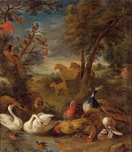 Bewaldete Landschaft Mit Schwanen, Huhnern, Einer Kropftaube, Einem Pfau, Einem Papagei Und Anderen Vogeln, Mit Pferden Sowie Einem Hund An Einem Teich