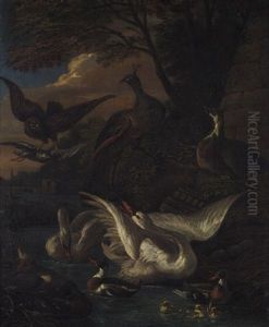 Landschaft Mit Pfauen, Schwanen, Enten Und Einem Greifvogel