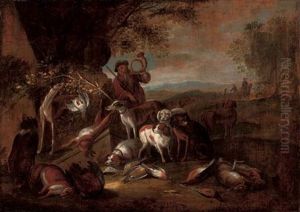 A Hunting Party At Rest With The Kill Under A Tree by Adriaen de Gryef