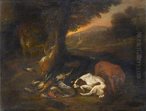 Spaniels Beside A Dead Heron, Finches And Hare In A Landscape (+ A Hound And A Spaniel With Dead Ducks, Finches And Hare In A Landscape With A Huntsman Resting Nearby; Pair)