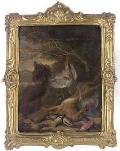 A Dead Hare, A Chaffinch, Two Partridges Suspended From A Branch And Other Dead Birds, A Spaniel And A Gun In A Wooded Landscape by Adriaen de Gryef