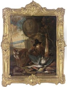 A Huntsman Resting By A Sculpted Stone Urn On A Plinth With A Dead Hare Suspended From A Tree And Dead Game On The Ground, And Two Dogs by Adriaen de Gryef