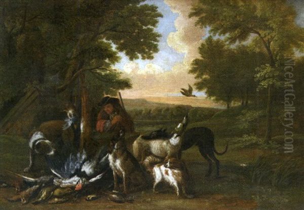 Chasseur Et Son Gibier Dans Une Clairiere - view 1