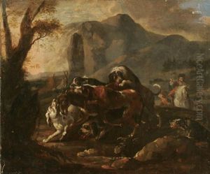Stag Hunt With Horsemen In Background