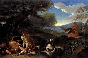 Bewaldete Landschaft Mit Jagdhunden Und Beute Im Vordergrund by Adriaen de Gryef