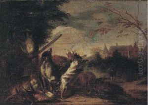 A Wooded River Landscape With A Huntsman And His Dogs (+ A Wooded River Landscape With Dead Game In A Clearing; Pair) by Adriaen de Gryef