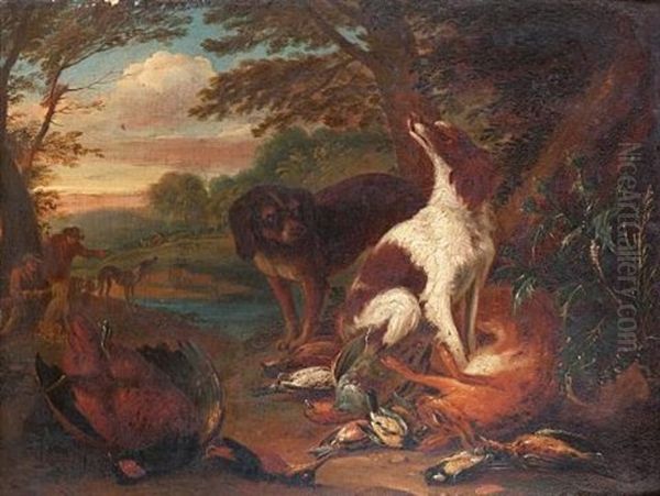 A Hunting Still Life With A Spaniel Guarding A Swan, Mallard And Songbirds In A Landscape With A Sportsman Beyond (+ A Hunting Still Life With Spaniels Guarding A Hare And Pheasant; Pair) - view 1