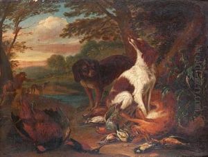 A Hunting Still Life With A Spaniel Guarding A Swan, Mallard And Songbirds In A Landscape With A Sportsman Beyond (+ A Hunting Still Life With Spaniels Guarding A Hare And Pheasant; Pair) by Adriaen de Gryef