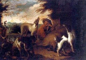 A Wooded River Landscape With A Huntsman And His Dogs (+ A Wooded River Landscape With Dead Game In A Clearing; Pair) by Adriaen de Gryef