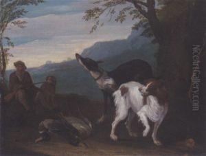 A Wooded Landscape With A Huntsman Resting With His Dogs, A Spaniel And A Greyhound In The Foreground With Dead Game by Adriaen de Gryef