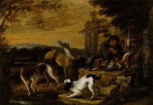 Ein Jager Mit Seiner Jagdbeute Und Hunden In Einer Bewaldeten Landschaft by Adriaen de Gryef