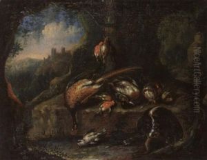 Jagdstilleben Mit Erlegtem Wildgeflugel Vor Landschaftshintergrund by Adriaen de Gryef
