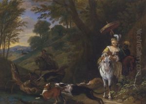 A Wooded Landscape With A Stag Hunt Interrupting An Elegant Lady And Her Servant