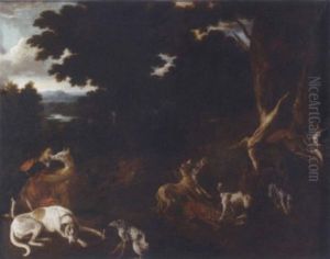 Chiens Et Chasseur Entoures De Gibier Chiens Et Chasseur Entoures De Gibier