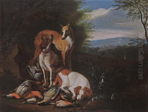 A Hunting Still Life With Partridges, A Woodpecker And Other Birds, Together With Dogs, In A Wooded Landscape - view 1