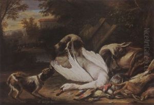 A Hunting Still Life With A Swann, A Deer, A Hare, And Birds, Together With Two Dogs by Adriaen de Gryef