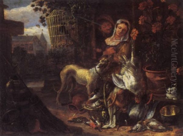 An Amorous Couple At A Window With Dead Game, A Hound And Cat In A Yard, A Church Beyond - view 1