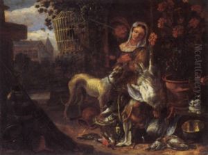 An Amorous Couple At A Window With Dead Game, A Hound And Cat In A Yard, A Church Beyond