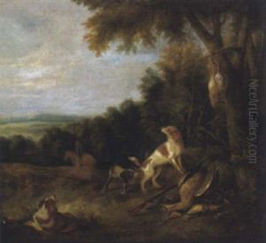 Hunde Mit Jagdbeute In Einer Bewaldeten Landschaft by Adriaen de Gryef