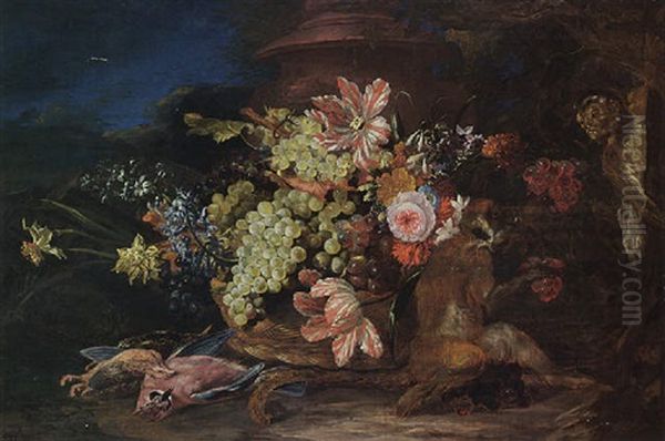 A Still Life With Grapes And Flowers In A Basket With Birds And Monkeys In A Landscape Setting With A Pot - view 1