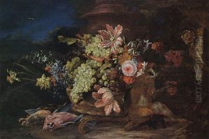 A Still Life With Grapes And Flowers In A Basket With Birds And Monkeys In A Landscape Setting With A Pot A Still Life With Grapes And Flowers In A Basket With Birds And Monkeys In A Landscape Setting With A Pot