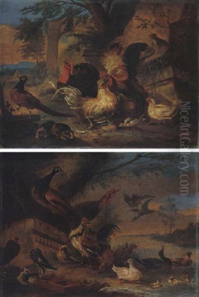 A Classical Landscape With Bantams Fighting, Together With A Turkey, A Pheasant And Guinea Pigs - view 1
