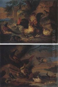 A Classical Landscape With Bantams Fighting, Together With A Turkey, A Pheasant And Guinea Pigs